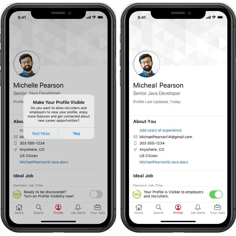 Candidate profile screen with email privacy active